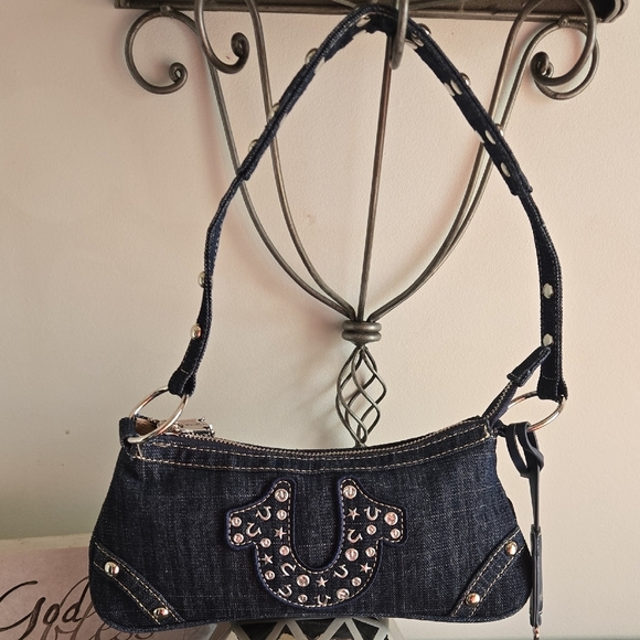 True Religion Handbags - True Religion Rhinestone Studded Horseshoe Denim Shoulder Bag